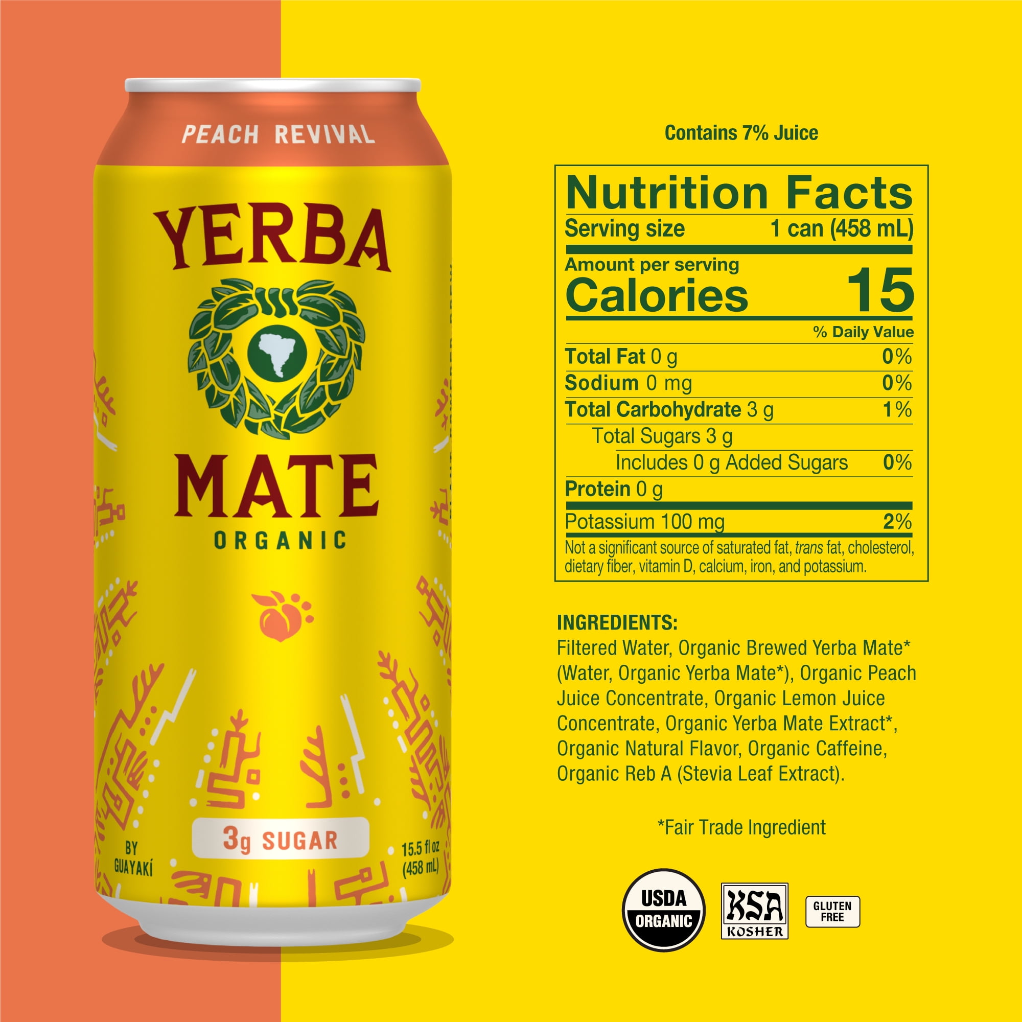 Guayakí Yerba Mate, Organic Energy Drink Alternative, Peach Revival, Low Sugar, 150mg Natural Plant Based Caffeine, Smooth Energy & Focus, No Jitters or Crash, 15.5 Oz (Pack of 12)