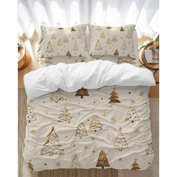 Vintage Christmas Tree Bedding Duvet Cover Set Full Size 4 Pieces Winter Snowflake Gold Line Trees Bedding Set with Zipper Closure, 1 Comforter Cover 86x86 Inches 1 Flat Sheet & 2 Pillow Cases