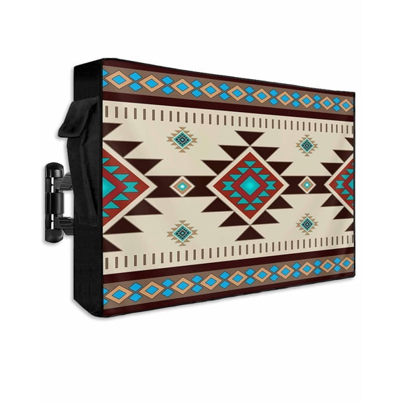 Outdoor TV Cover 70 to 75 Inch Weatherproof, Southwest Boho Pattern Waterproof TV Screen Protector for Outside Decor with Zipper and Pocket 68"L x 42"H , Aztec Tribal Texture Brown Blue Green