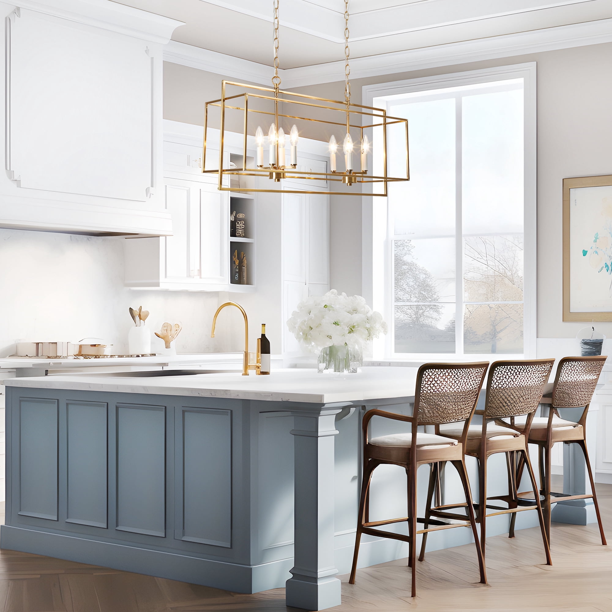 LNC 32-in Gold Rectangular 8-Light Island Chandelier for Kitchen Island & Dining Room
