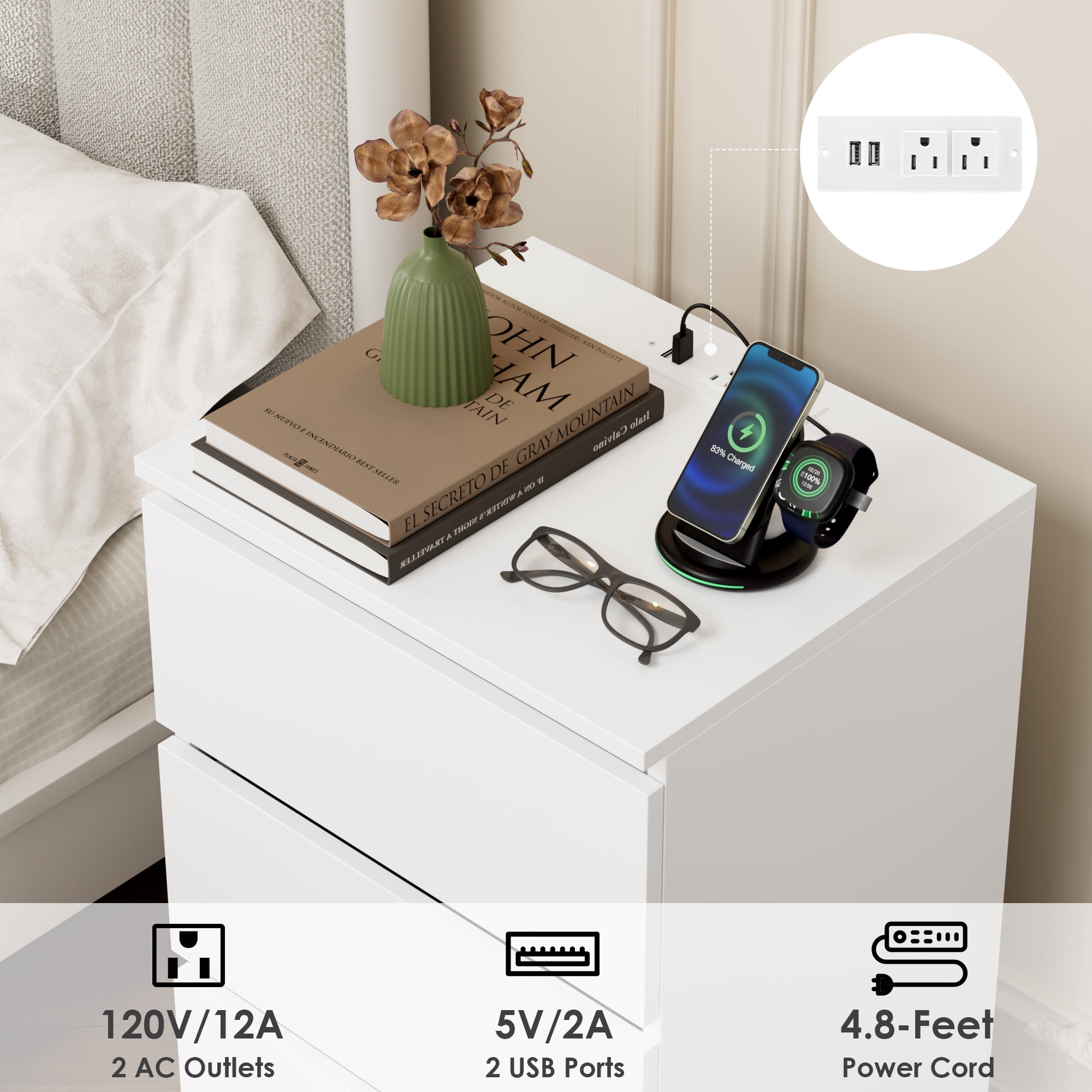 Homfa 3 Drawers Nightstand with Charging Station, Side Table with Storage for Living Room, White Bedside Nightstand for Bedroom