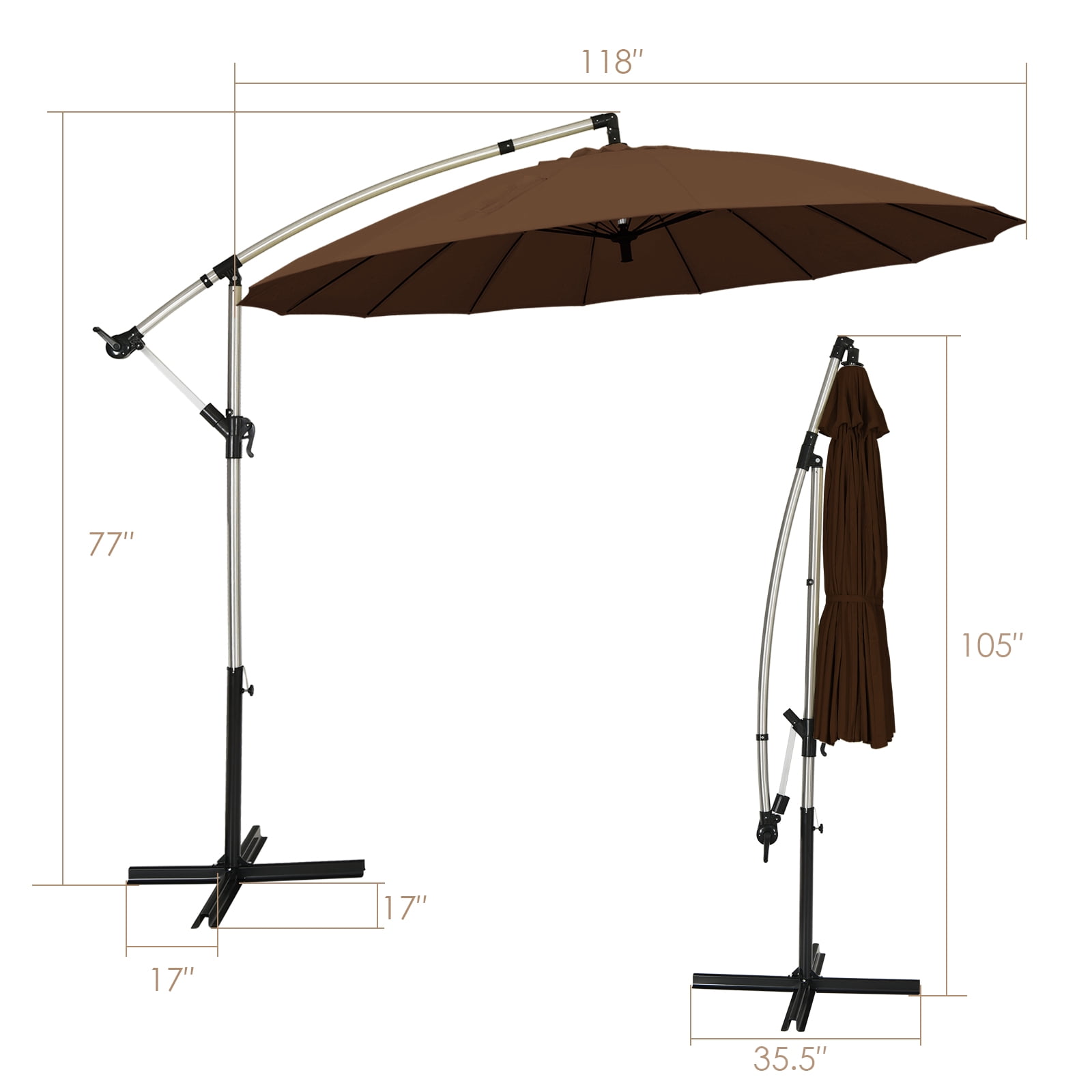 Patiojoy 10 FT Patio Offset Hanging Market Umbrella Cantilever Outdoor Umbrella w/Crank & Cross Base Tan