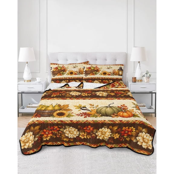 Quilts Full Size, Vintage Pumpkins Thanksgiving Soft Comforter Bedding Set for Bed, Fall Floral Elegant Farmhouse Lightweight Quilted Bedspread with Pillow Cover(2 Pieces) for All Season, 78x90 Inch