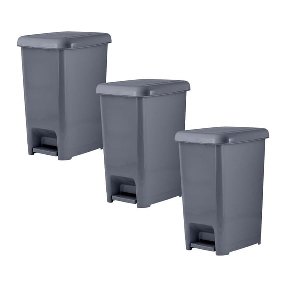 Superio Slim Trash Can with Foot Pedal – 2.5 Gallon Step-On with Lid, Small Plastic Bin for Bathroom, Kitchen, Office, Under Desk, Bedroom, Dorm – Onyx Grey, 3-Pack