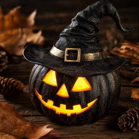 Mskk Black Wizard Hat Lighted Jack O'Lantern Halloween Decoration, 4.72in Resin Halloween Pumpkin Ornament, Spooky Tabletop LED Decor For Indoor Halloween Party