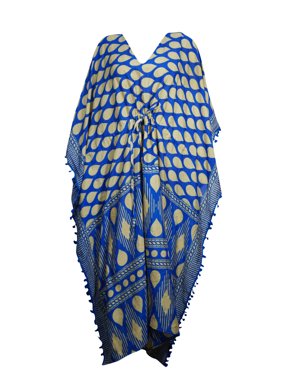 Mogul Bohemian Boho Chic Blue Beige Pom Pom Style Kimono Resort Wear Cover Up Maxi Caftan