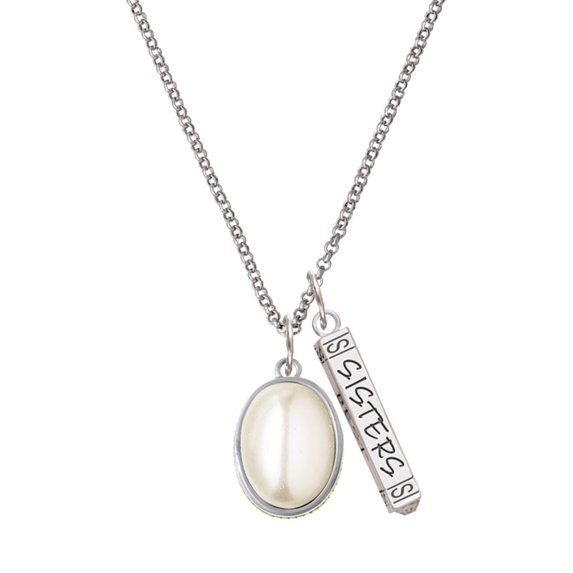 Delight Jewelry Silvertone Small Cream Imitation Pearl Silvertone Sisters Best Friends Forever Bar Charm Necklace, 23"
