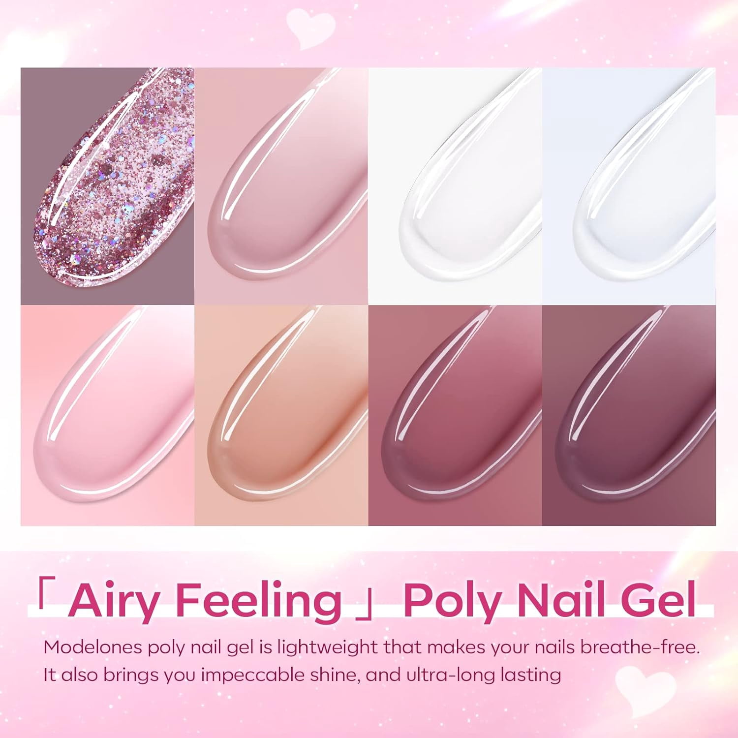 Modelones Poly Nail Gel Kit 8 Rosy Pink Colors with 48W LED Nail Lamp Poly Extension Gel Complete Nail Art Tools Professional Starter Manicure Kit Supplies Rhinestone GlittersBeauty Gift DIY at Home