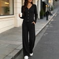 thumbnail image 2 of Women's 2 Piece Casual Knit Set V Necklinen Full Buttom Down Top Wide Leg Pants Casual Suits for Fall Black M, 2 of 6