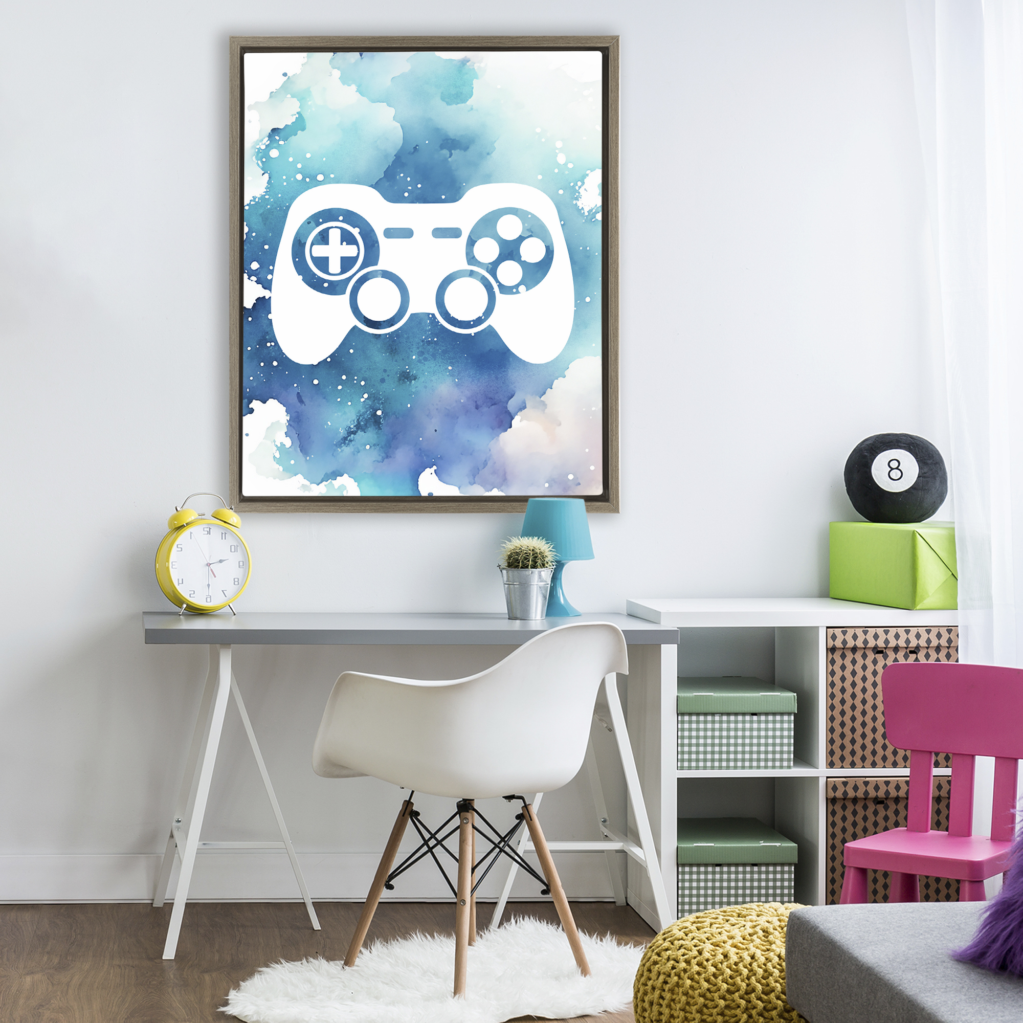 Blue Controller Splatter Brown Framed Floater Canvas Wall Art, design by Marcus Prime