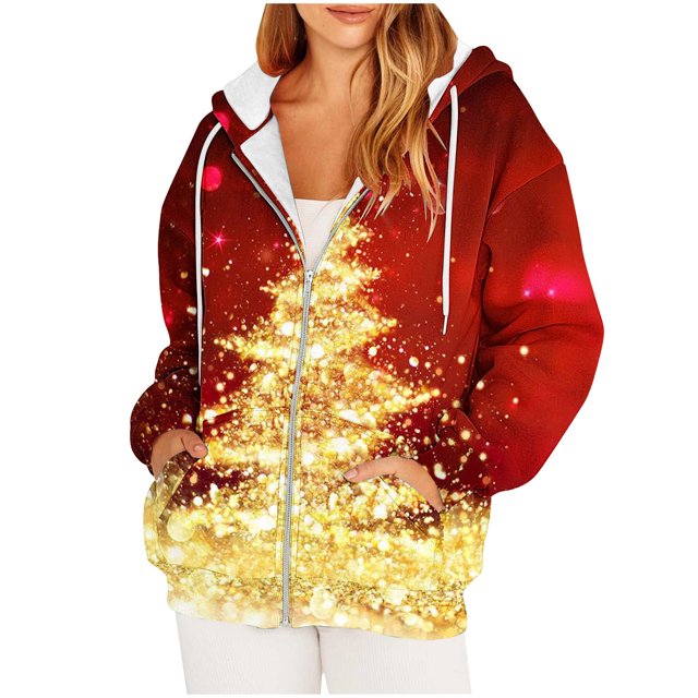 TIMIFIS Christmas Jacket Zip Up Hoodies for Women Jacket Sweatshirt Long Sleeve Fall Lightweight Tunic Sweatshirt Oversize Snowman Christmas Tree Print Jacket with Pockets Merry Christmas-Red