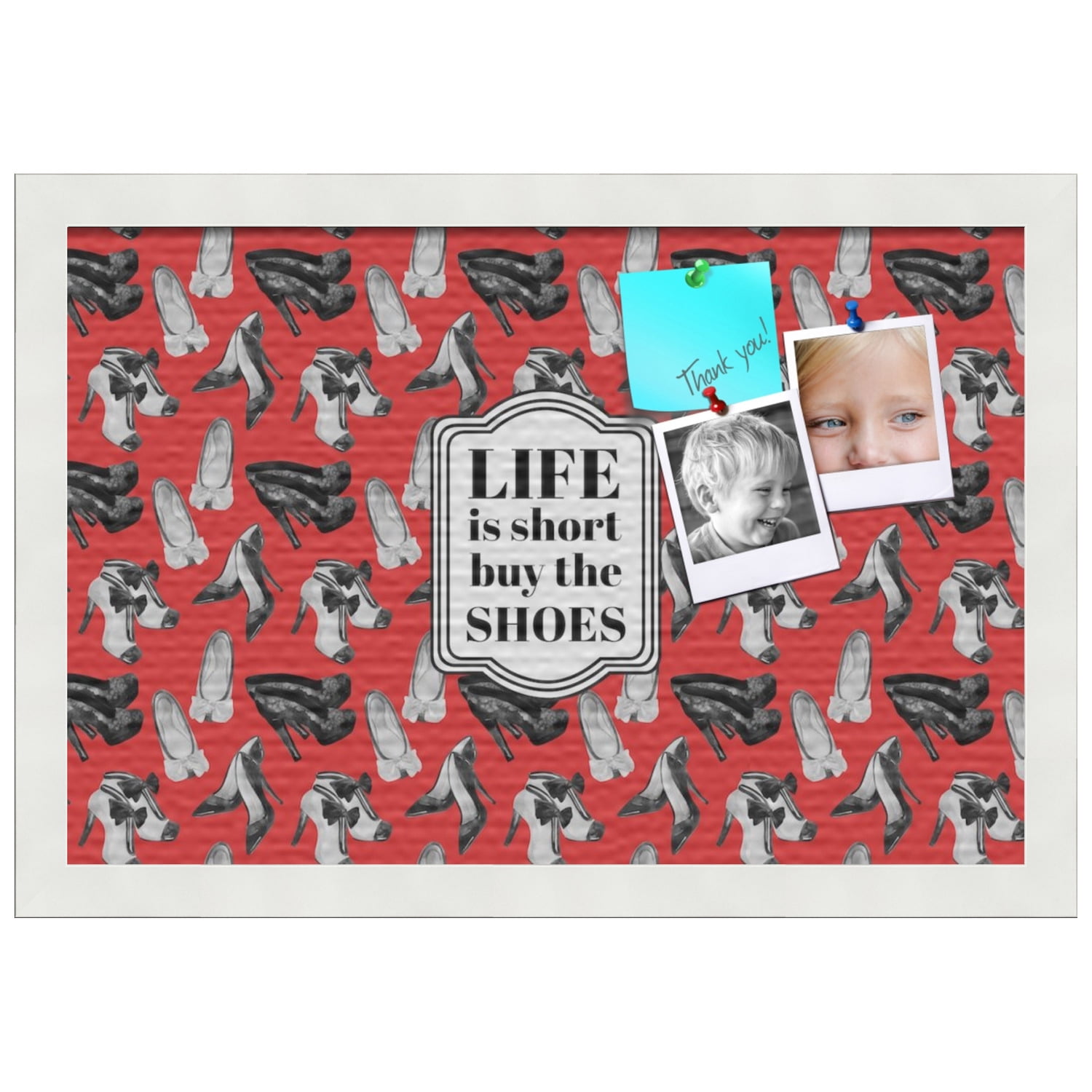 PinPix 18x12 Custom Cork Bulletin Board Buy The Shoes Poster Board Has a Fabric Style Canvas Finish, Framed in Buy The Shoes, by ArtToFrames (PinPix-1492)