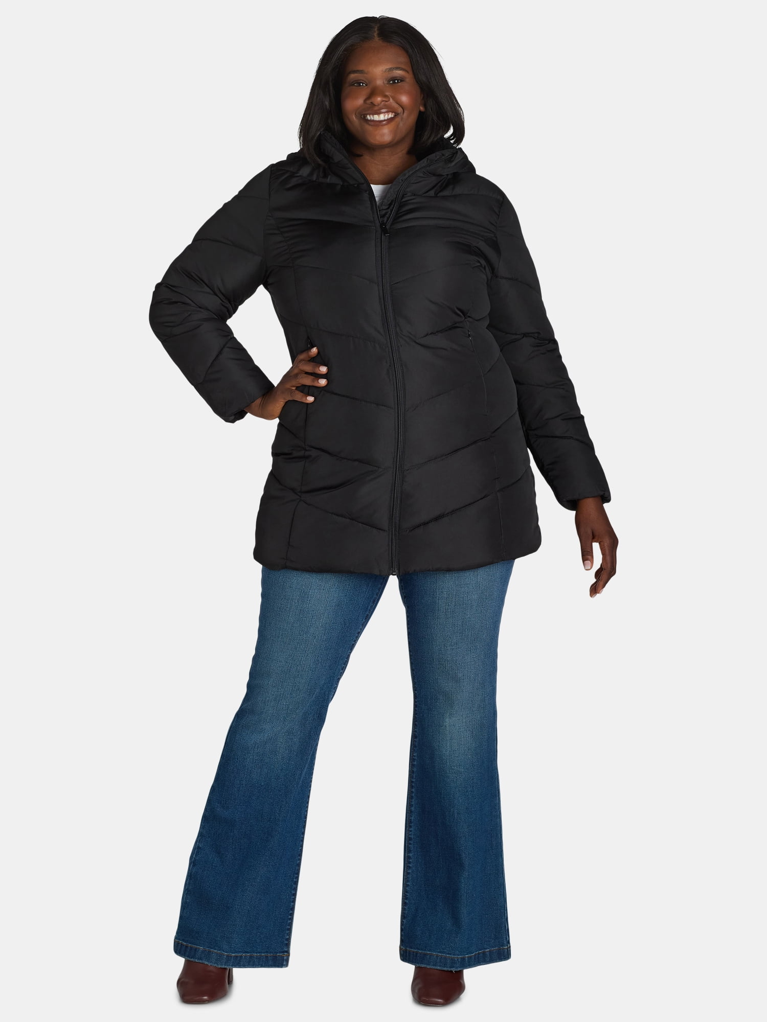 Big Chill Women's and Women's Plus Chevron Quilted Puffer Jacket with Hood, Sizes S-3X