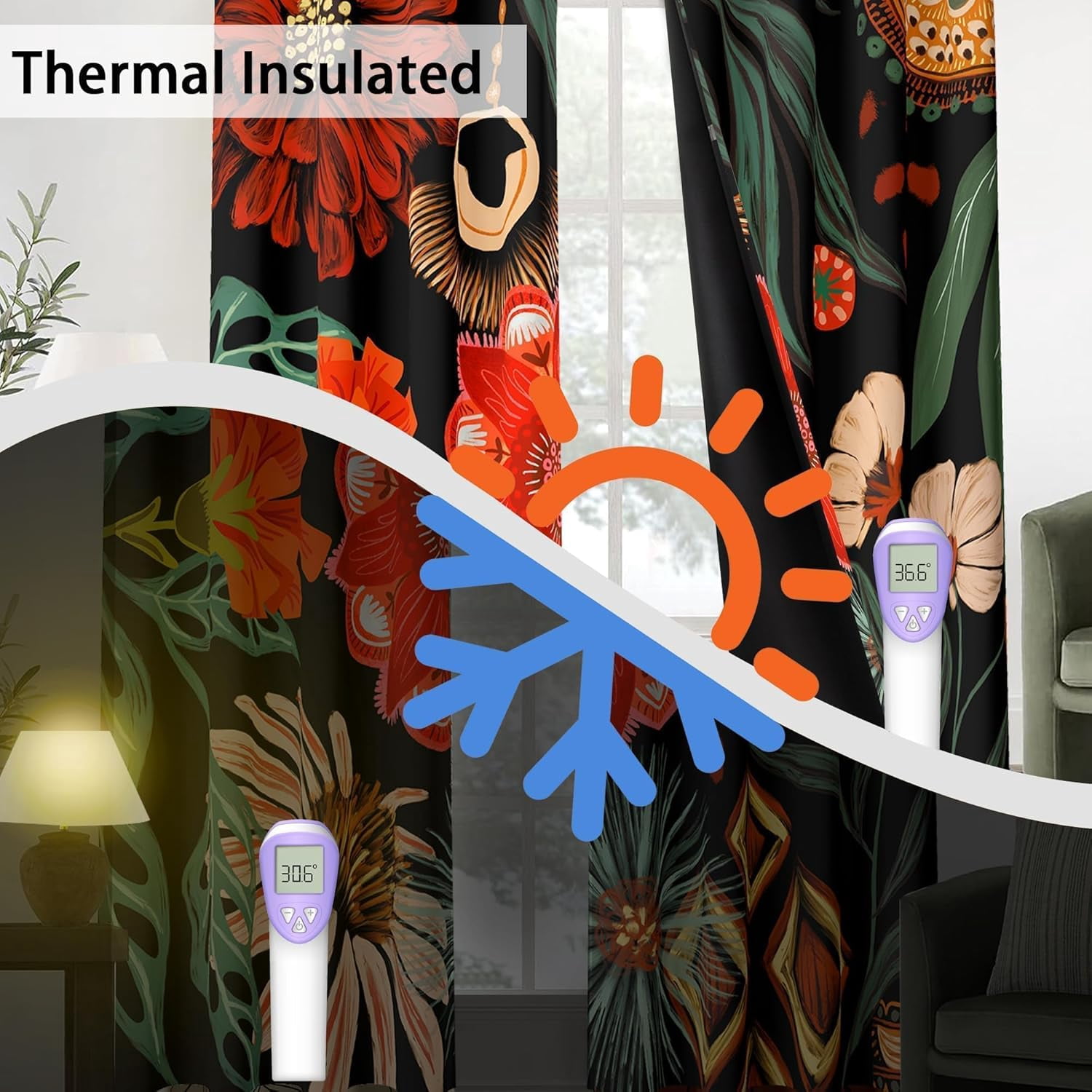 Tyrot 2 Panels Black Boho Floral 100% Blackout Curtains for Living Room Grommet Curtains, 52" x 84"