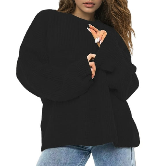 DuoJiaJ Sweaters for Women Crewneck Pullover Oversized Drop Shoulder Sweater Long Sleeve Classic Casual Cozy Tops Black L