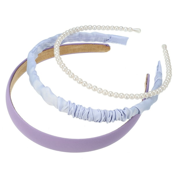 Juego de diademas de moda de 3 piezas, diademas de diferentes diseños, diademas plisadas, diademas de color sólido, accesorios para el cabello de perlas sintéticas para fiesta de niña púrpura