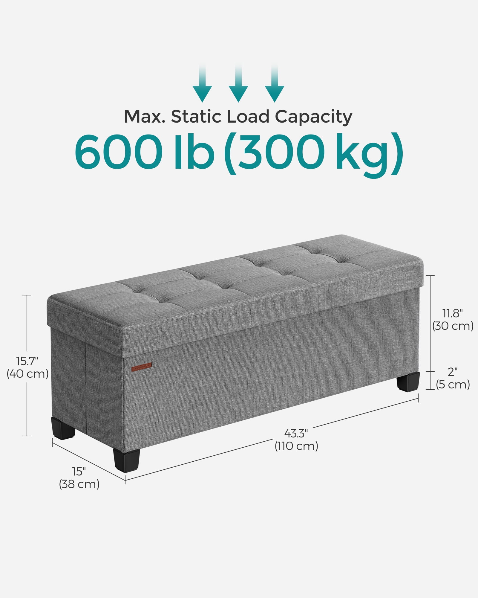 SONGMICS 43.3" Storage Ottoman Bench Ottoman with Storage Coffee Table Holds Up to 660 lb for Living Room Dove Gray