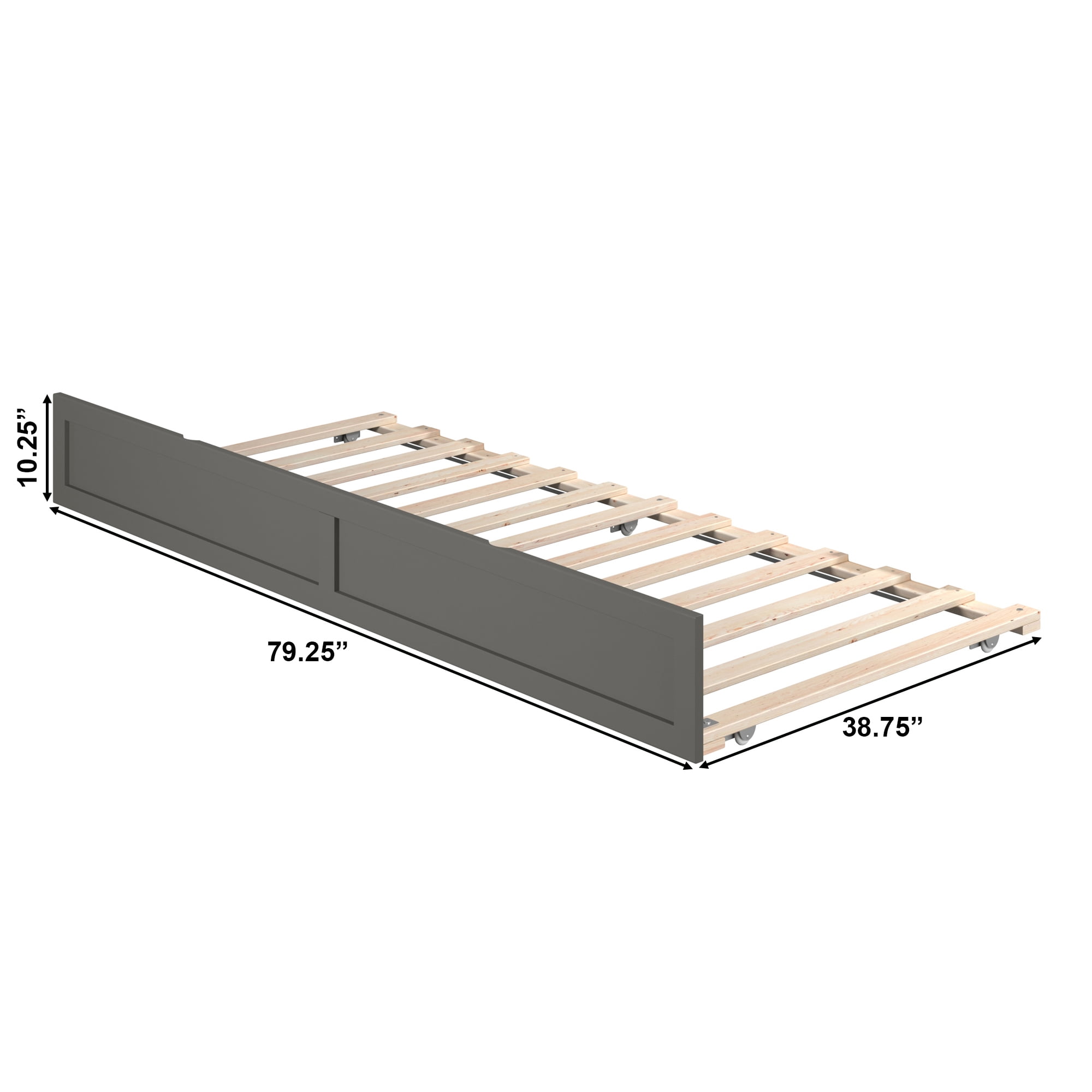 AFI Twin-XL Roll Out Wood Trundle Bed Frame with Wooden Slat Supports, Grey