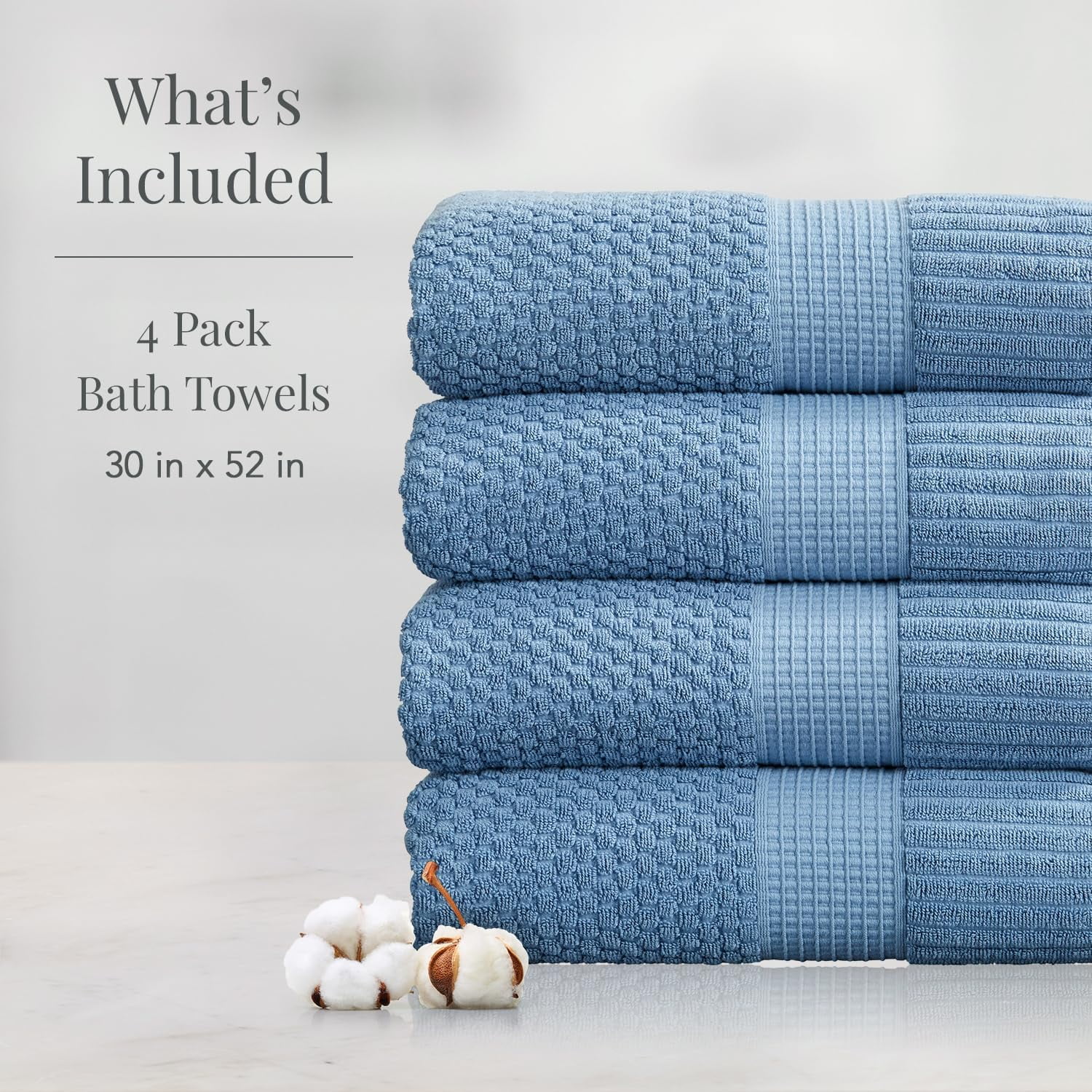 100% Cotton Bath Towel 4 Pack | Super Soft & Absorbent Quick-Dry Bath Towels 30" x 52" |Textured and Durable Cotton | Trinity Collection (4 Pack Bath Towel, Blue Shadow)