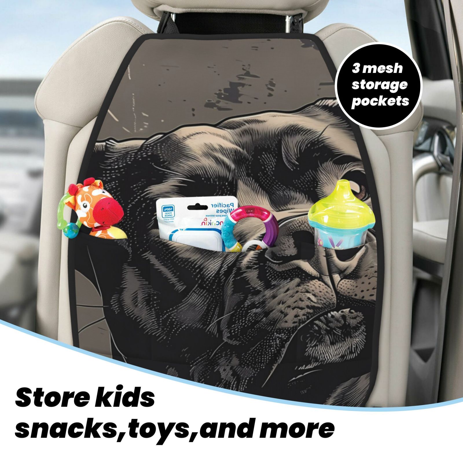Kdxio Vintage Dog Illustration Print 2 Pack Car Kick Mat Seat Cover Back Protector Mat with Pockets for Organizer Backseat Protector and Storage Anti Kick Pad for Vehicles