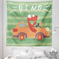 thumbnail image 1 of Dinosaur Funny Tapestry, Extinct Animal Playing with Car Driving Humorous Pattern Art, Fabric Wall Hanging Decor for Bedroom Living Room Dorm, 5 Sizes, Reseda Green and Salmon, by Ambesonne, 1 of 1