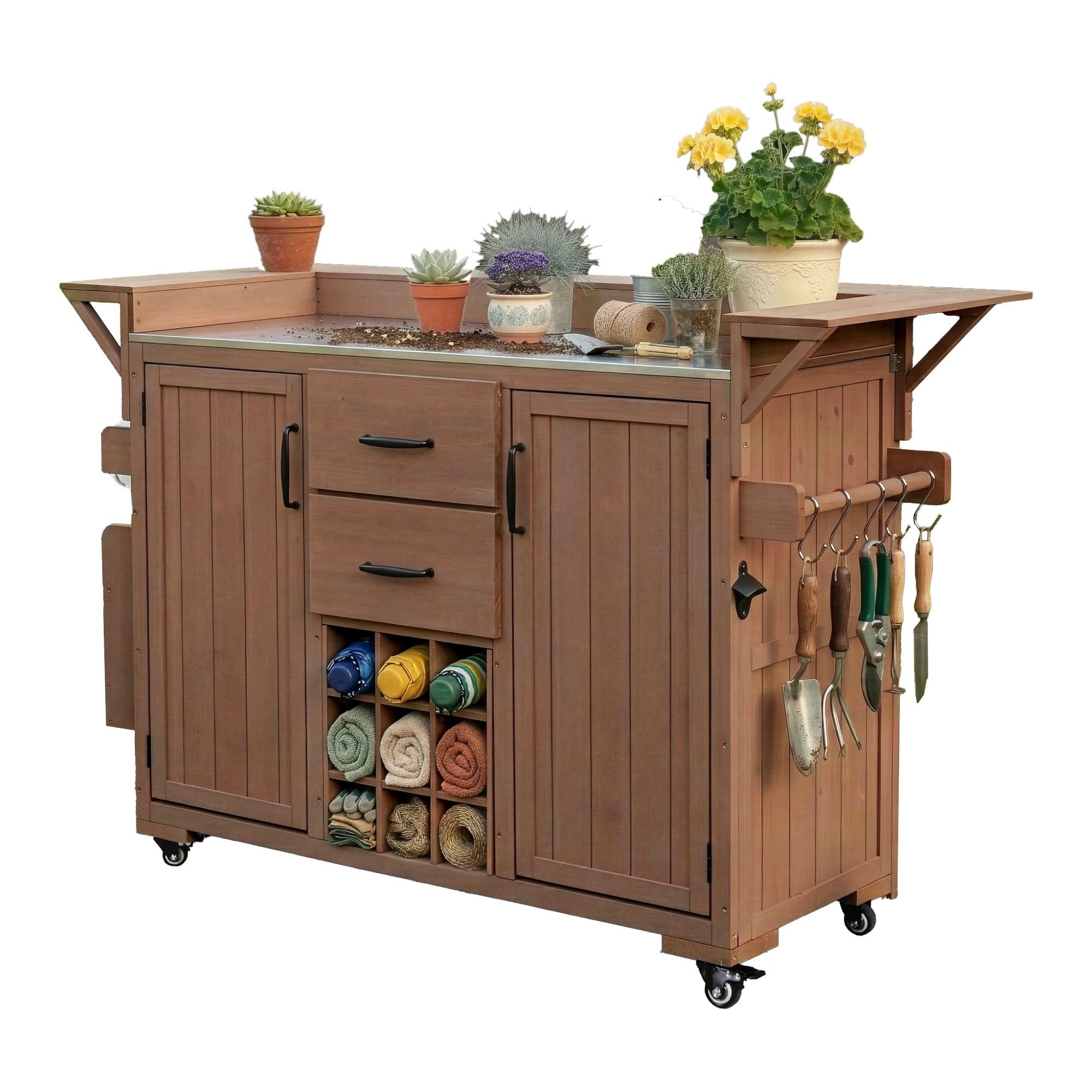 Modern 60.2" Outdoor Kitchen Island with Wheels, Rolling Kitchen Island with Stainless Steel Top & Wine Rack, Patio BBQ Kitchen Cart with Spice Rack & 2 Drawers, Brown