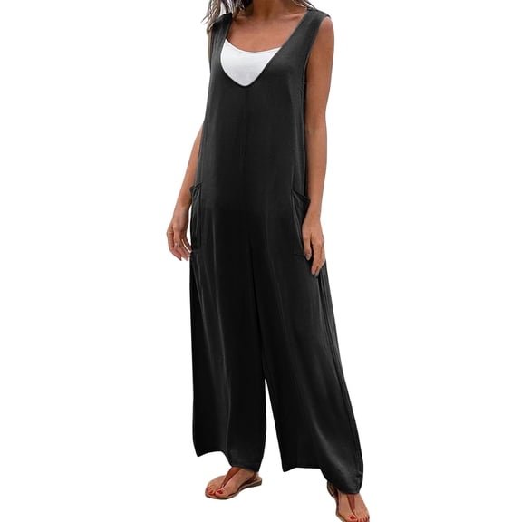 Kureaily Women Summer Wide Leg Jumpsuit Sleeveless V Neck Casual Loose Jumpsuit Comfy Baggy Tank Romper With Pockets Women Stretchy Trousers