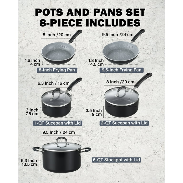 Cook N Home Pots and Pans Nonstick Kitchen Cookware Sets Include Saucepan  Frying Pan Stockpots 8-Piece, Heavy Gauge, Stay Cool Handle, Black