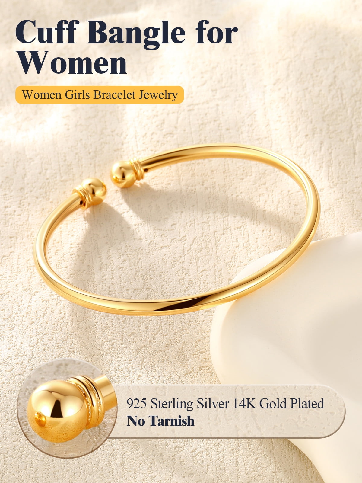 U7 Womens Bracelets 925 Sterling Silver Open Bangle Bracelet 7mm Round Ball Gold Plated Cuff Bangle Gift for Daughter
