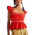 thumbnail image 1 of Gupgi Women Fly Sleeve Crop Tops Square Neck Patchwork Ruched T-Shirts, 1 of 6
