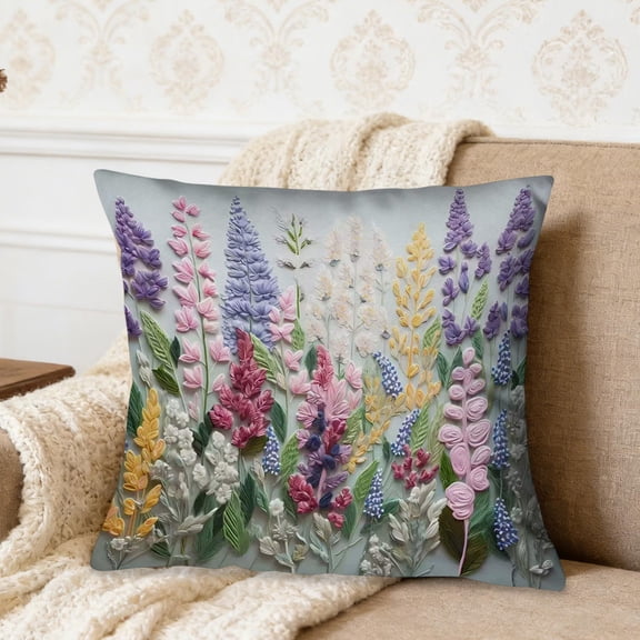 Seyotauo Wildflower Faux Embroidery Print 18x18 Inch Throw Pillow Cover Boho Embroidered Floral Decorative Soft Cushion Case Spring Summer Fall Christmas Home Decor Gift Sofa Luxury Flower Pillowcase