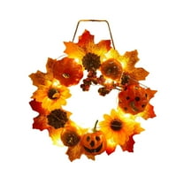 Moocorvic Thanksgiving Wreath With LED Lights Pumpkin Sunflower Red Berries Maple Leaves Fall Door Hanging Decor Harvest Day Themed