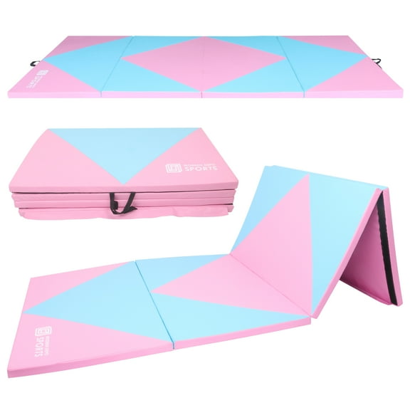 Gymnastics Mat 10'x4'x2" Foldable Tumbling Mats with Carrying Handles Four Fold Thick Exercise Mat for Home Aerobics Stretching Yoga, Pink Blue