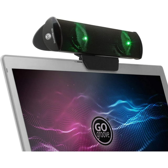 GOgroove SonaVERSE LED Speaker for Laptop Computer - USB Powered Clip-On Sound Bar with Mini Portable External Speaker Design for Monitor, Back Switch for Power - Audio Input and Power (Green)