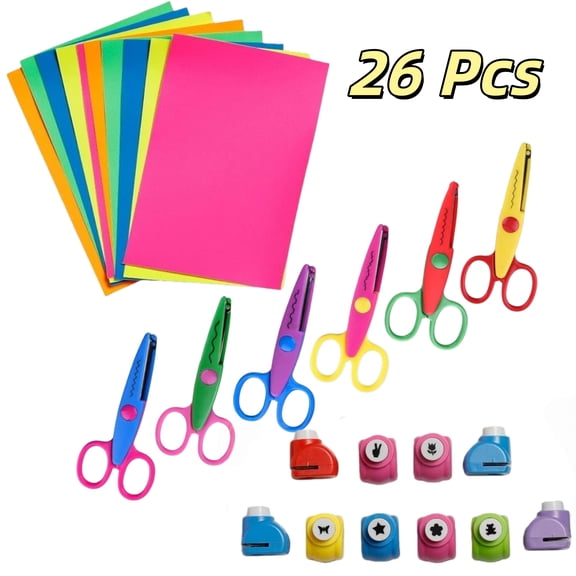Qianfeng DIY Scrapbook Crafts Mini Tool Kit, 26 Pieces, Scrapbook Scissors, Papers, Hole Punches