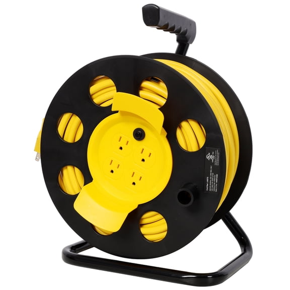 100FT Heavy Duty Retractable Extension Cord Reel, 12AWG 12A with 4 Outlets & Dust Covers, Portable Handle and Circuit Breaker