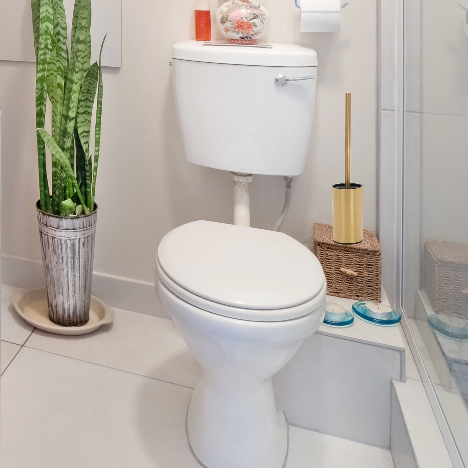 Mat Black Bowl Toilet Brush Holder 34.50X7.30X7.30CM Golden