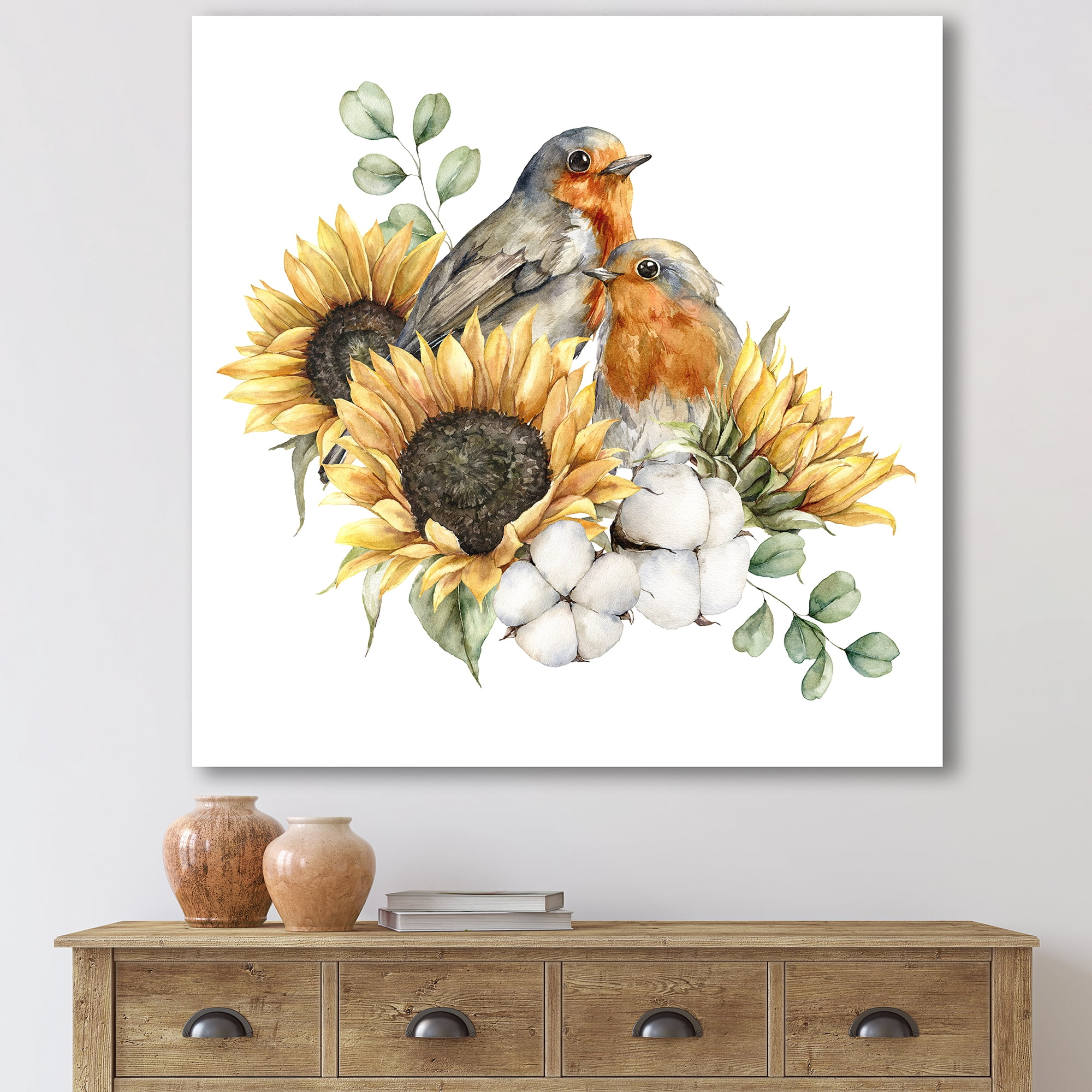 Designart ' Autumn Bouquet With Robin Redbreasts Sunflowers Cotton ' Traditional Canvas Wall Art Print