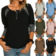 OmicGot Women's Long Sleeve Striped Print T-shirt Round Neck Button Tops