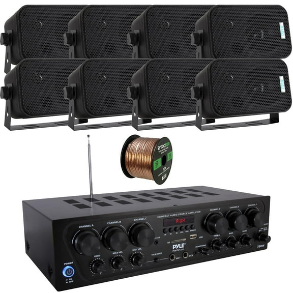Pyle 6-Channel 750W Bluetooth USB AUX FM Stereo Amplifier Receiver Home Audio System Bundle Combo with 8x 3.5" 300W Indoor/Outdoor Black Waterproof Speakers, 16 Gauge 50 Feet Speaker Wire