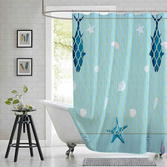 Extra Long 72"x84" Aqua Blue Beach Shower Curtain Set with Hooks,Starfish Shell Bathroom Curtain,Waterproof Washable Fabric for Bathroom Decor