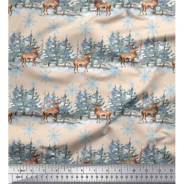 Soimoi White Poly Georgette Fabric Reindeer & Snowflakes Tree Fabric Prints By Yard 42 Inch Wide