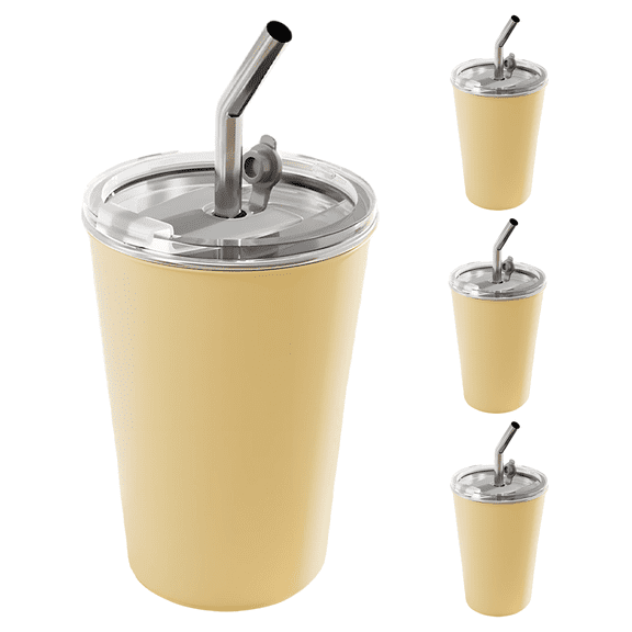 4 Pcs Stainless Steel Stacking Cup Set, 2 x 11.8 fl oz / 350 ml Almond Yellow Reusable Coffee Cup with Lids and Straws, 3.1 x 3.9 in Camping Metal Cups for Drinking