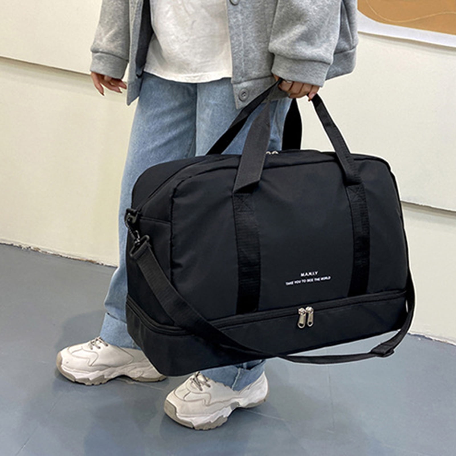Lubelski Travel Bag Dust Proof Large Capacity Nylon Dry Wet Separation Duffle Bag For Women Black