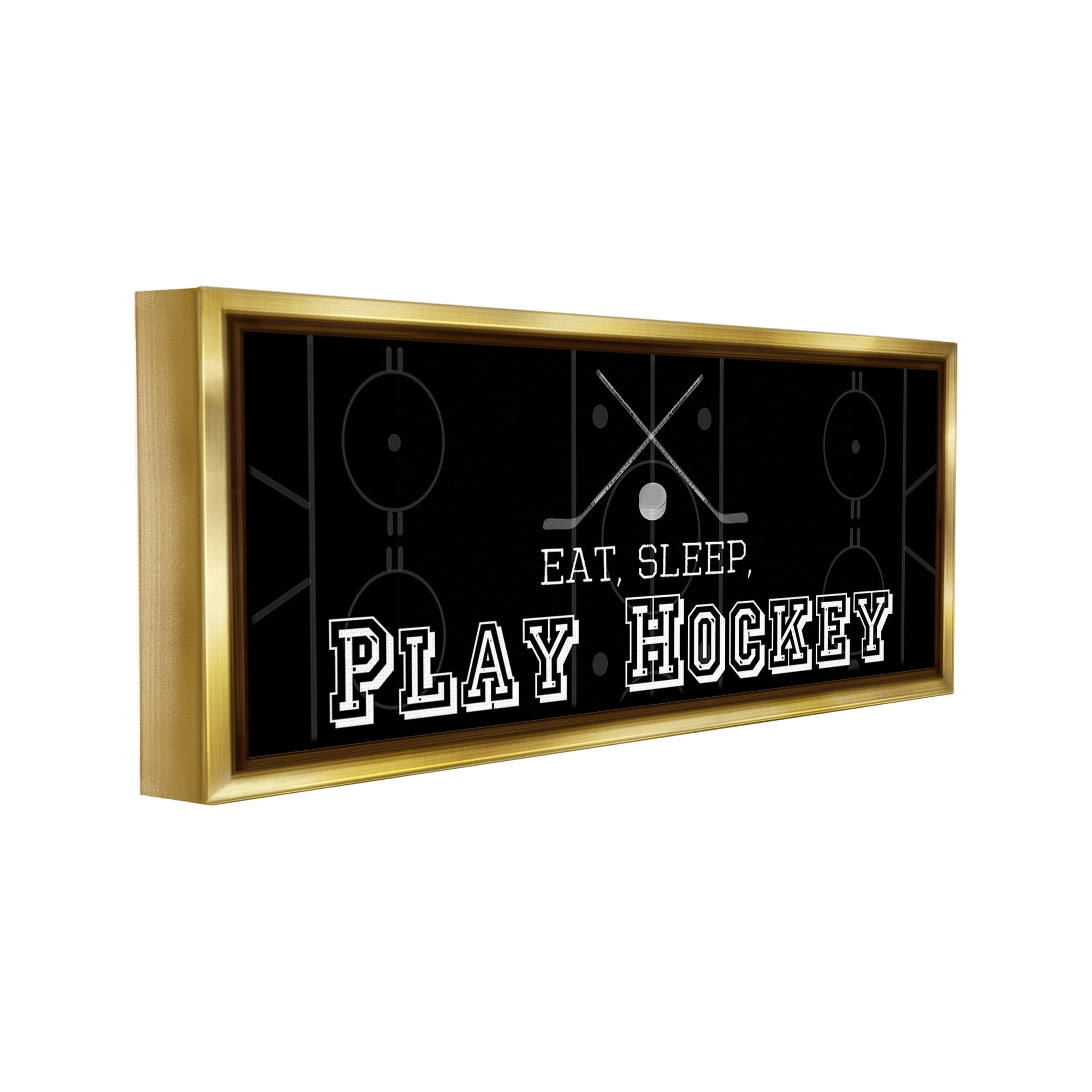 Stupell Industries Eat Sleep Hockey Phrase Sports Painting Gold Floater Framed Canvas Art Print Wall Art, 25 x 11