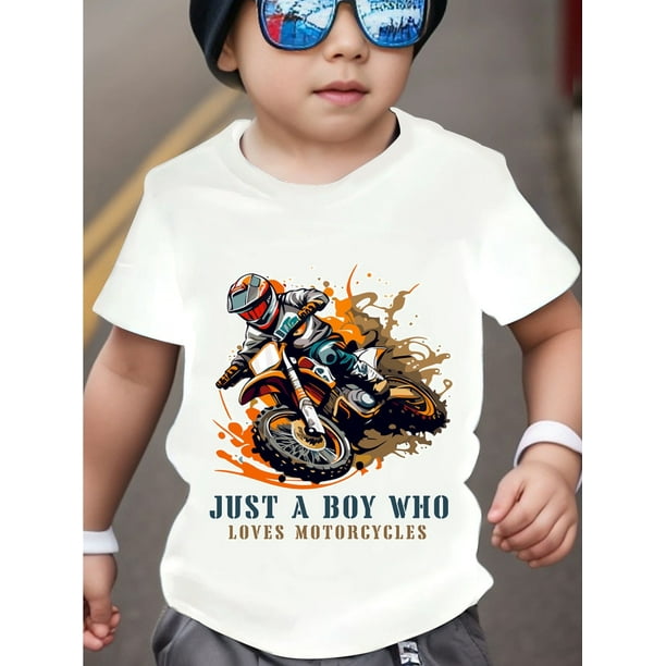 Crew Neck T-Shirt with Motorcycle Print for 100% Cotton Regular Fit Casual Tee for Spring/Summer/Fall, Ages 12 and Under - "Just a Who Loves Motorcycles" Graphic Short Sleeve Top
