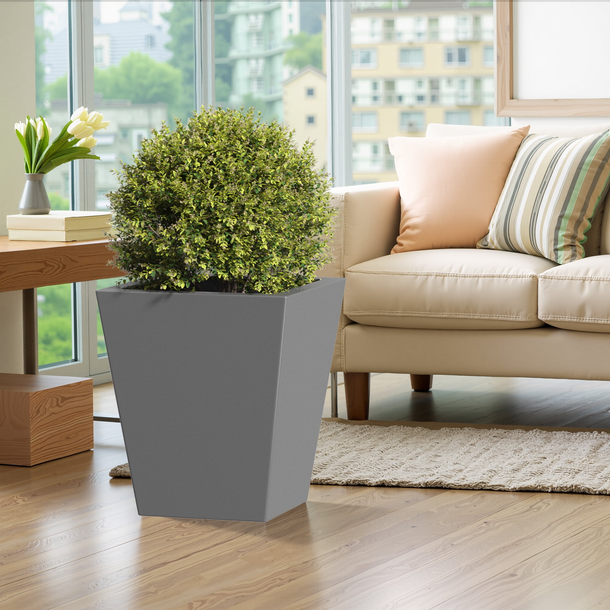 MAYEERTY 18"H Metal Tapered Planter, Large Plant Pot with Drainage Hole & Rubber Plug for Patio, Gray