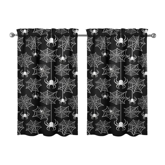 Set of 2 Gothic Halloween Tier Curtains with Black Cat and Bat Artwork, Semi-Sheer Kitchen Window Treatment Panels 27.5x39in(70x99cm)Kitchen Curtains