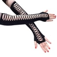 thumbnail image 3 of 1 Pairs of Black Lace Long Gloves, Women's Fishnet Fingerless Gloves, Cosplay, Gothic, Tulle Satin, Sun Protection Sleeves, 3 of 8