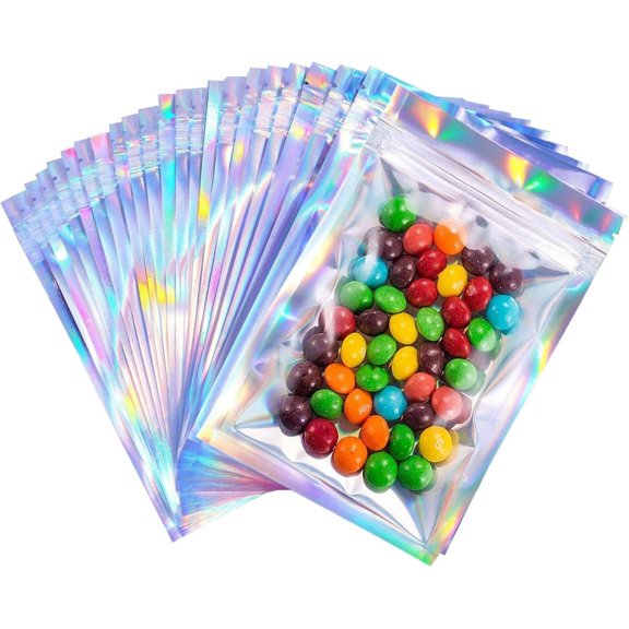 3.9X5.9In Iridescent Mylar Bags,Resealable Odor Proof Packaging for Food,50Pcs Resealable Mini Ziplock Holographic Bags for Candy,Bracelet,Food Storage
